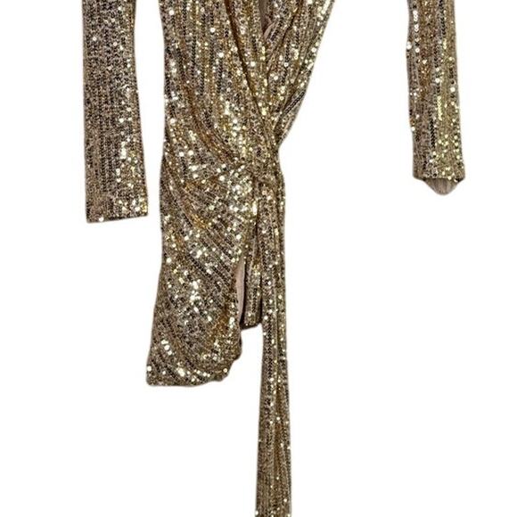 Zara Gold Sequin Wrap Tie Long Sleeve Tunic Mini Stretch Dress V Neck XS Gold - Picture 6 of 16